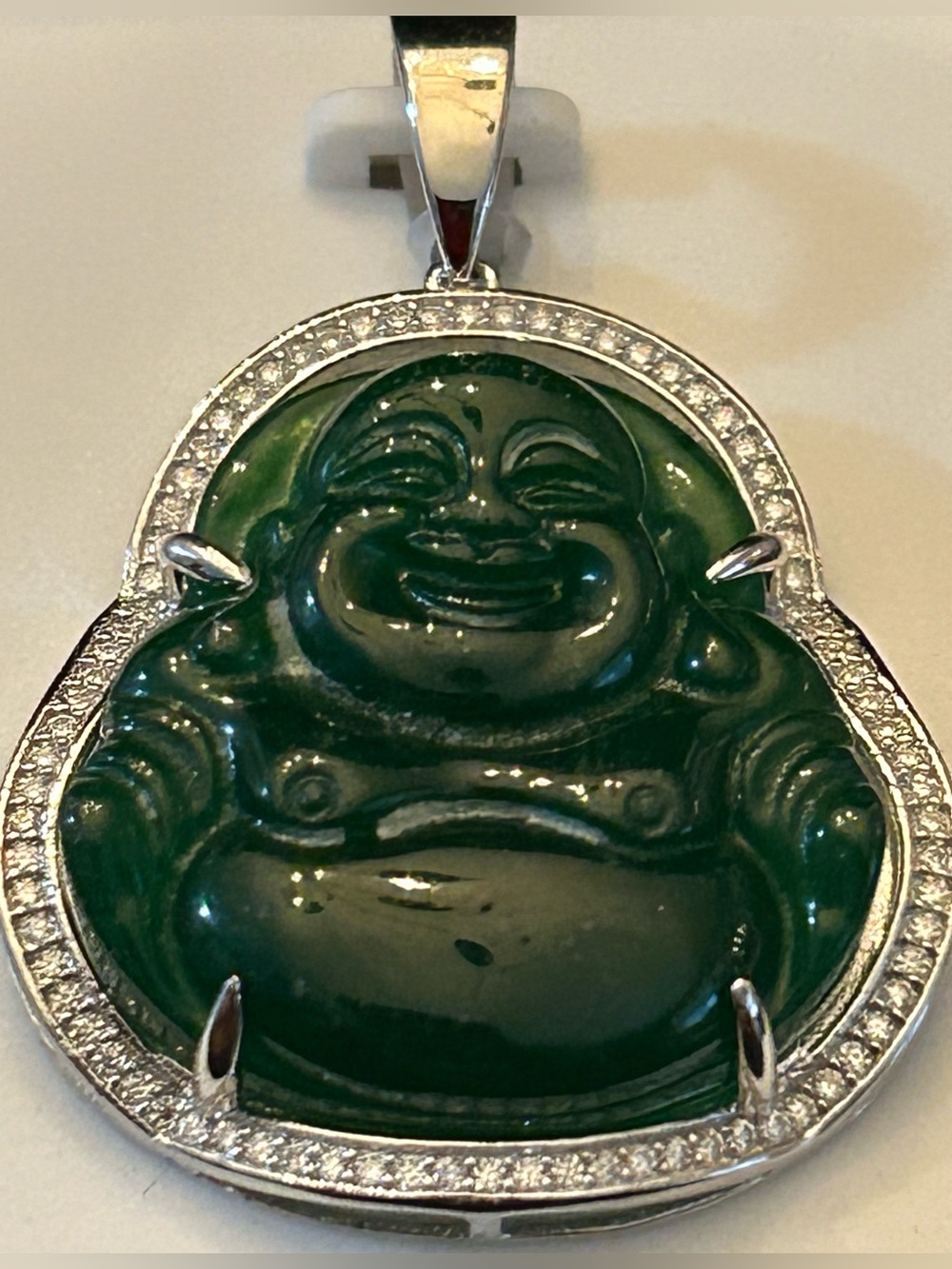 2.00CTW Moissanite Unisex Green Jade Laughing Buddha 925 SSilver Pendant